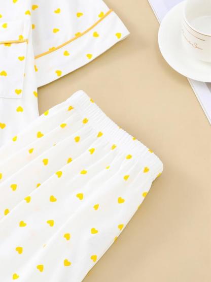 Women's Sleepwear Set, Heart Pattern, Elegant Casual, Comfortable Lapel Short Sleeve Top & Wide Leg Pants, Holiday Party Wear