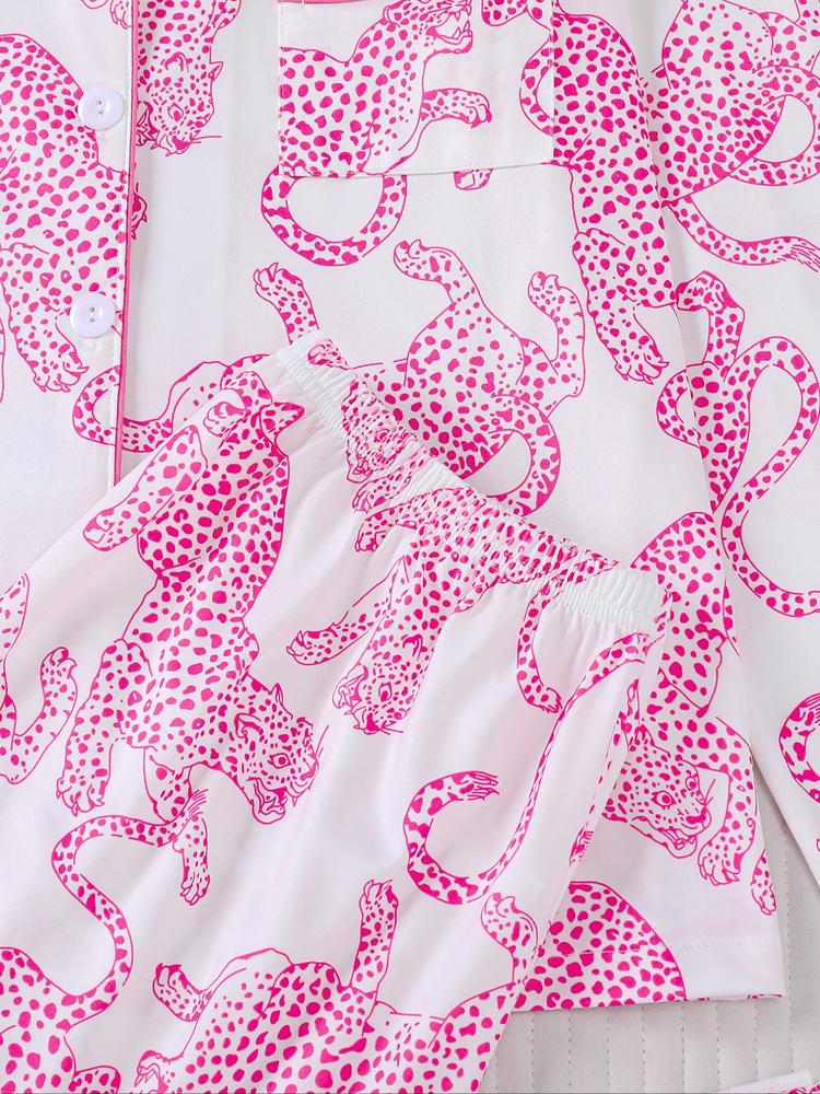 Women's Leopard Print Pajama Set, Casual Fall & Winter Sleepwear, Soft Long Sleeve Shirt and Elastic Pants, Comfortable Home Wear