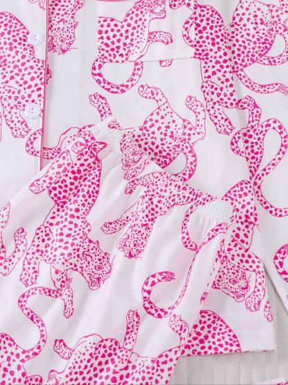 Women's Leopard Print Pajama Set, Casual Fall & Winter Sleepwear, Soft Long Sleeve Shirt and Elastic Pants, Comfortable Home Wear
