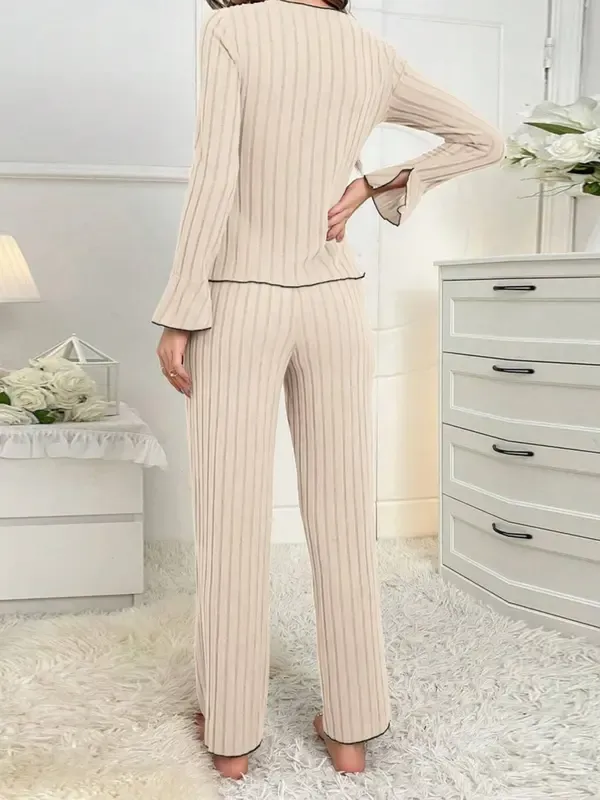 Women's Solid Lettuce Trim Top & Pants Loungewear Two-Piece Set, Casual Comfy Long Sleeve V Neck Top & Trousers PJ Set, Ladies Sleepwear for All Seasons