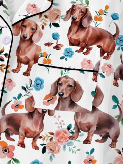 Women's Fall Winter Home Set, Cute Sausage Dog Print, Party Sleepwear, Buttoned Long Sleeve Top & Elastic Pants, Soft Stretch Fabric