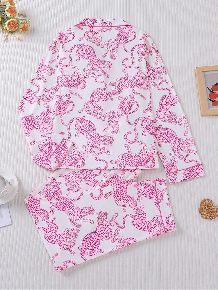 Women's Leopard Print Pajama Set, Casual Fall & Winter Sleepwear, Soft Long Sleeve Shirt and Elastic Pants, Comfortable Home Wear