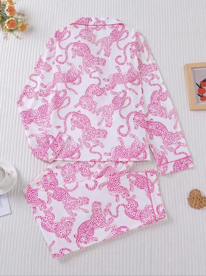 Women's Leopard Print Pajama Set, Casual Fall & Winter Sleepwear, Soft Long Sleeve Shirt and Elastic Pants, Comfortable Home Wear