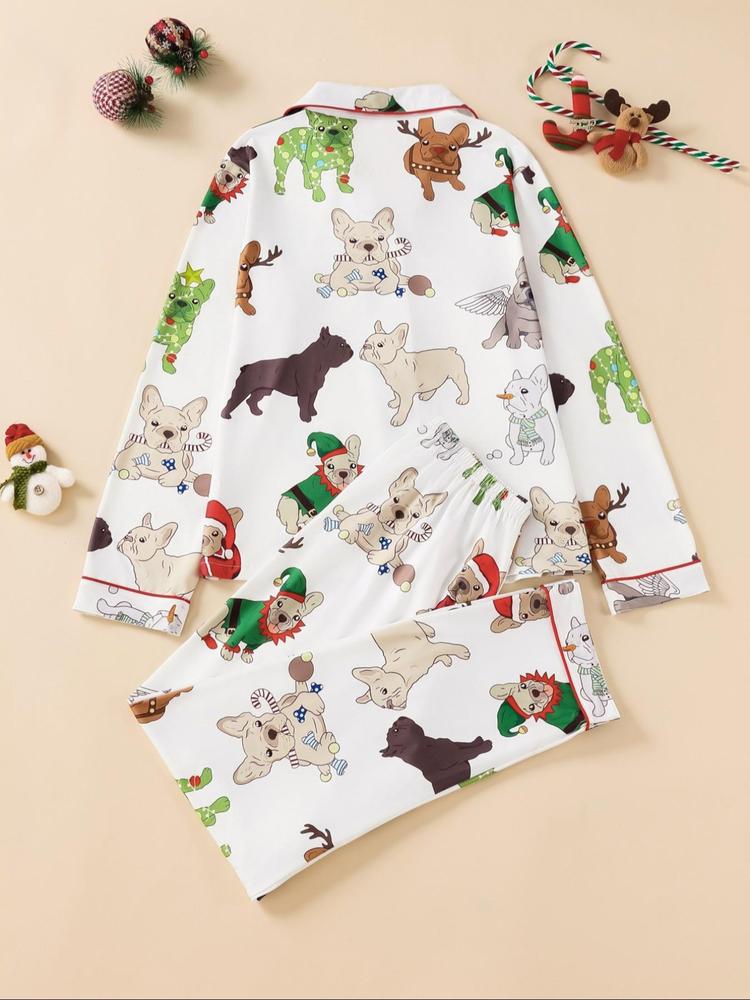 Two-piece Set Women's All Over Dog Print Lapel Neck Button Front Pajama Set, Casual Comfy Long Sleeve Top & Pants Pj Set, Women's Sleepwear for Spring & Fall