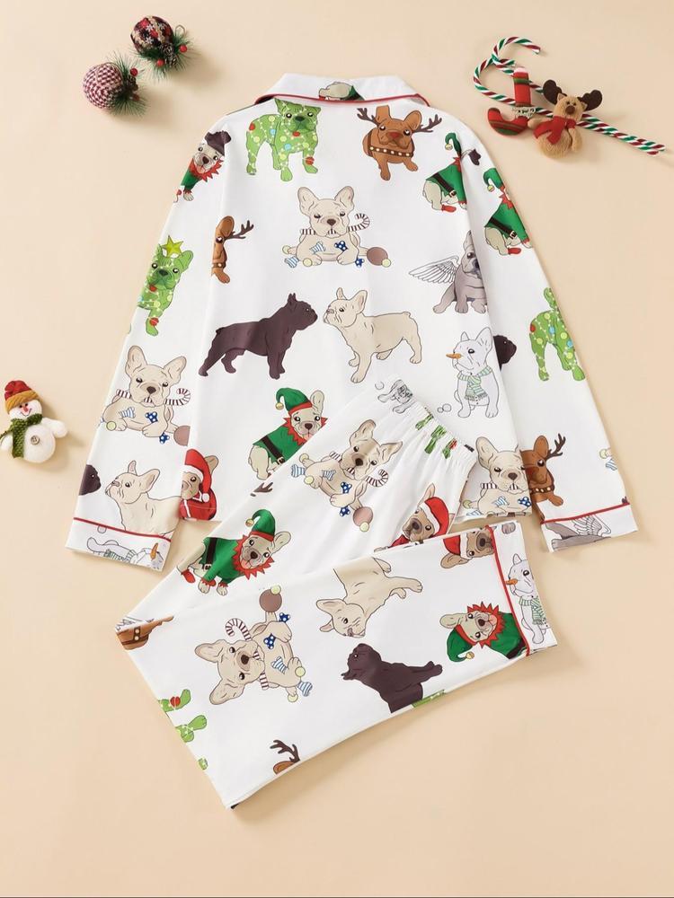 Two-piece Set Women's All Over Dog Print Lapel Neck Button Front Pajama Set, Casual Comfy Long Sleeve Top & Pants Pj Set, Women's Sleepwear for Spring & Fall