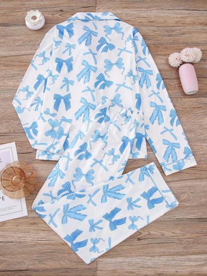 Women's 2-Piece Pajama Set, Bowknot Print, Holiday Party Sleepwear, Soft Shirt Collar Top & Elastic Pants, Casual Home Wear, Matching Pj Set