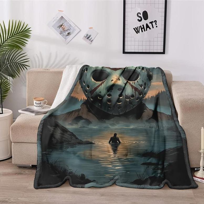 1pc Horror-Themed Flannel Blanket – Soft Polyester With Jason Voorhees Design, Perfect For Home Decor, Outdoor Adventures, Valentine’s Day, Thanksgiving, And Christmas, Man Woman Gift, Halloween Blanket Spooky Plush Movie