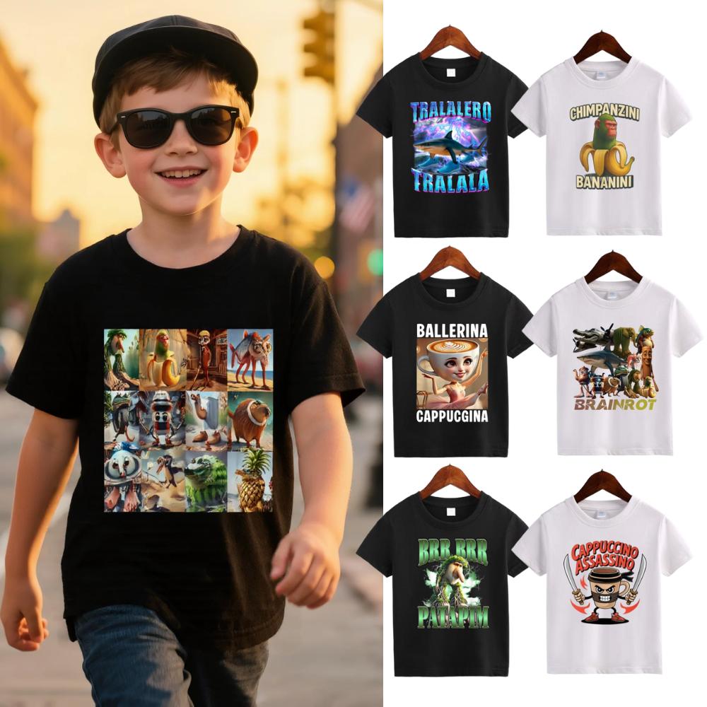 Italian Brainrot Meme Character Hand Drawn for Kids T-Shirt Toddler Boy Funny T-Shirt with Various Designs Including Ballerina Cappuccino and Chimpanzini Bananini