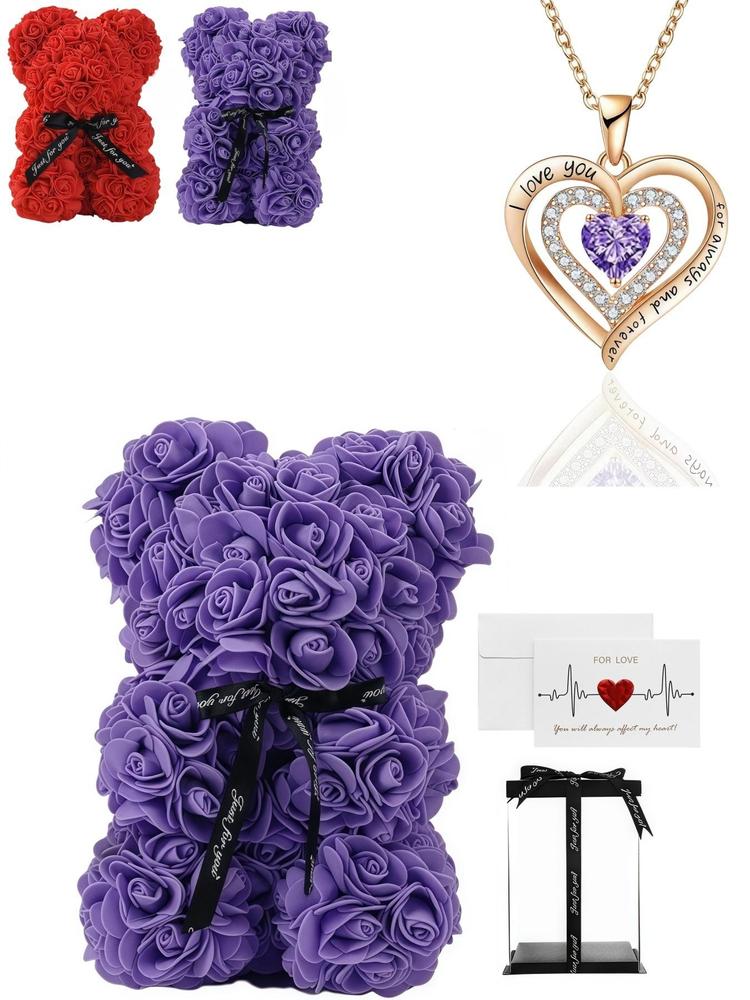 Rose Bear & Heart Shaped Pendant Necklace Gift Box, Fashion Jewelry for Party, Daily Decor, Trendy All-match & Exquisite Jewelry for Birthday Gift