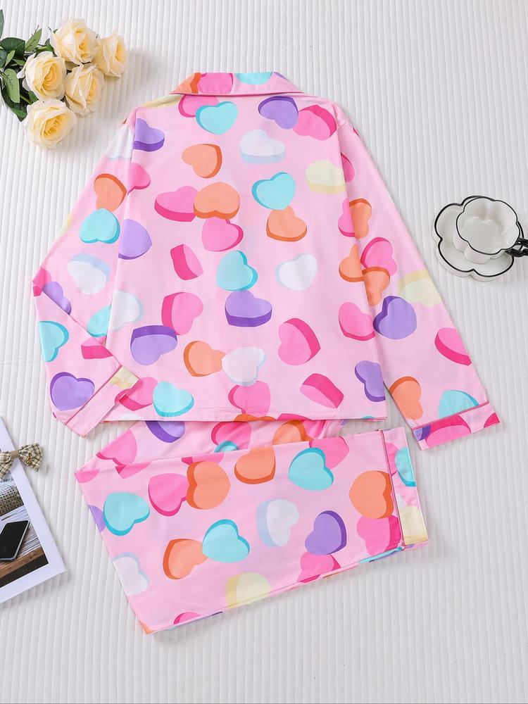 Women's Christmas Pajama Set, Heart Print Long Sleeve Shirt & Elastic Pants, Soft Knit Casual Loungewear Home Wear, Holiday Party Sleepwear