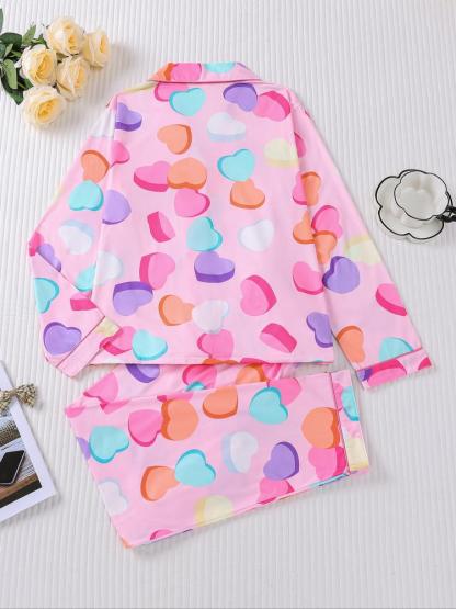 Women's Christmas Pajama Set, Heart Print Long Sleeve Shirt & Elastic Pants, Soft Knit Casual Loungewear Home Wear, Holiday Party Sleepwear