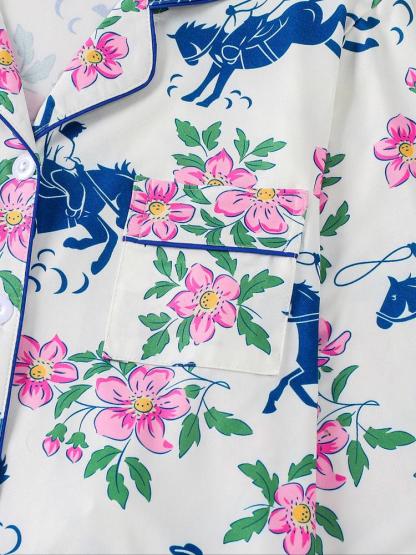 Women's Floral & Horse Print Pajama Set, Long Sleeve Button Front Top, Elastic Pants, Casual Fall Winter Sleepwear