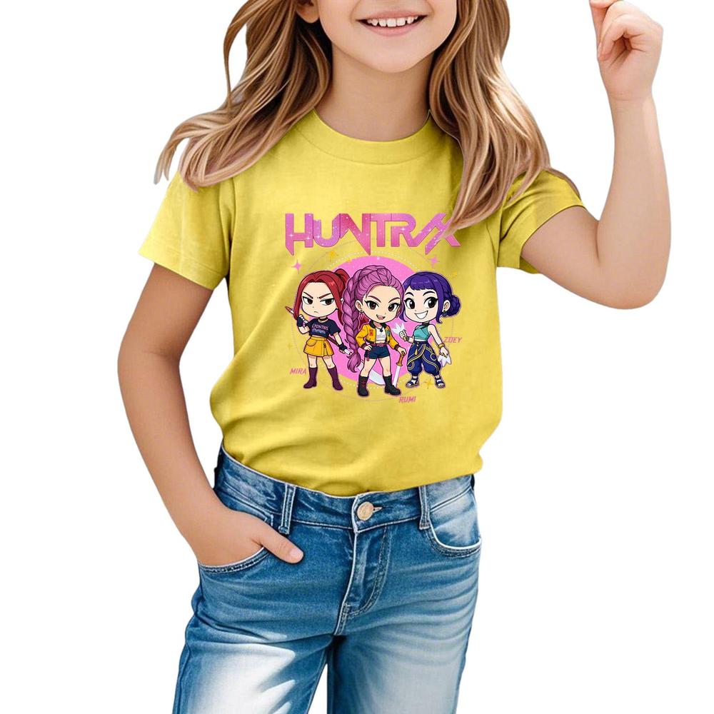 HOT! Kpop Demon Hunters Shirt, Huntrix Girl T-Shirt, Girls Casual Short Sleeve T-Shirts Anime Style Soft Round Neck Tees Comfortable Daily Wear Top for Toddler Teenage Kids