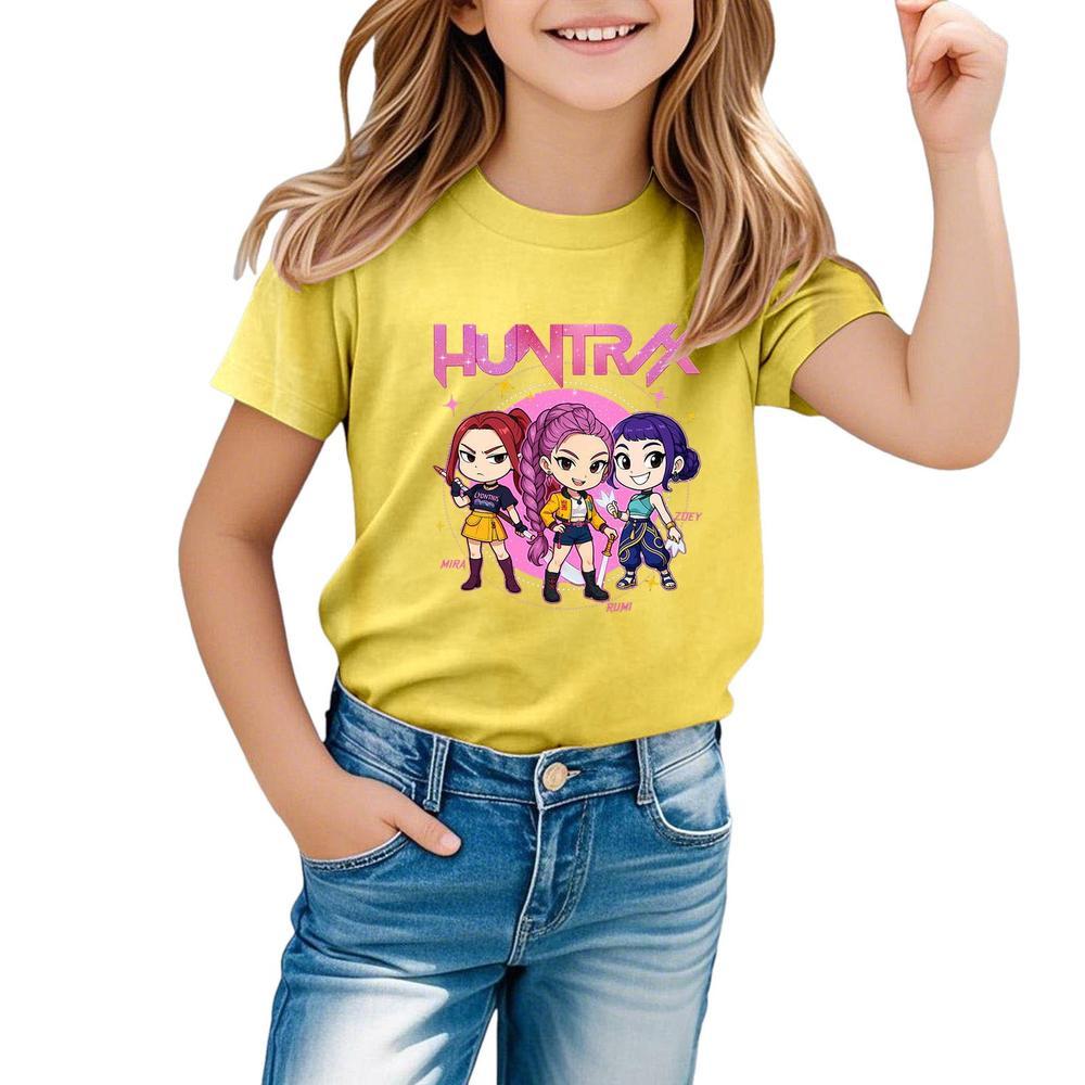 HOT! Kpop Demon Hunters Shirt, Huntrix Girl T-Shirt, Girls Casual Short Sleeve T-Shirts Anime Style Soft Round Neck Tees Comfortable Daily Wear Top for Toddler Teenage Kids