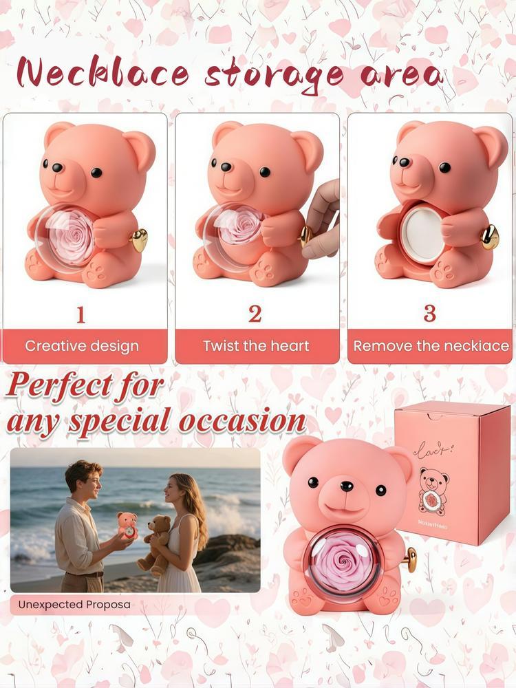 Women's Elegant Heart Design Pendant Necklace with Bear Shaped Rose Gifts Box, Exquisite Trendy Pendant Necklace, Chic Jewelry Set for Girlfriend