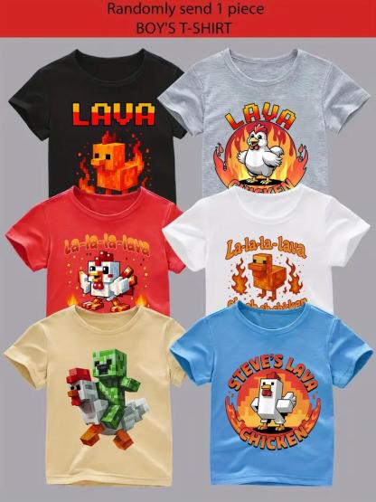 Boys' Summer Fashion Long Sleeve T-Shirt, Random Style Steve's Lava Chicken Print, Comfortable & Versatile Gift Idea