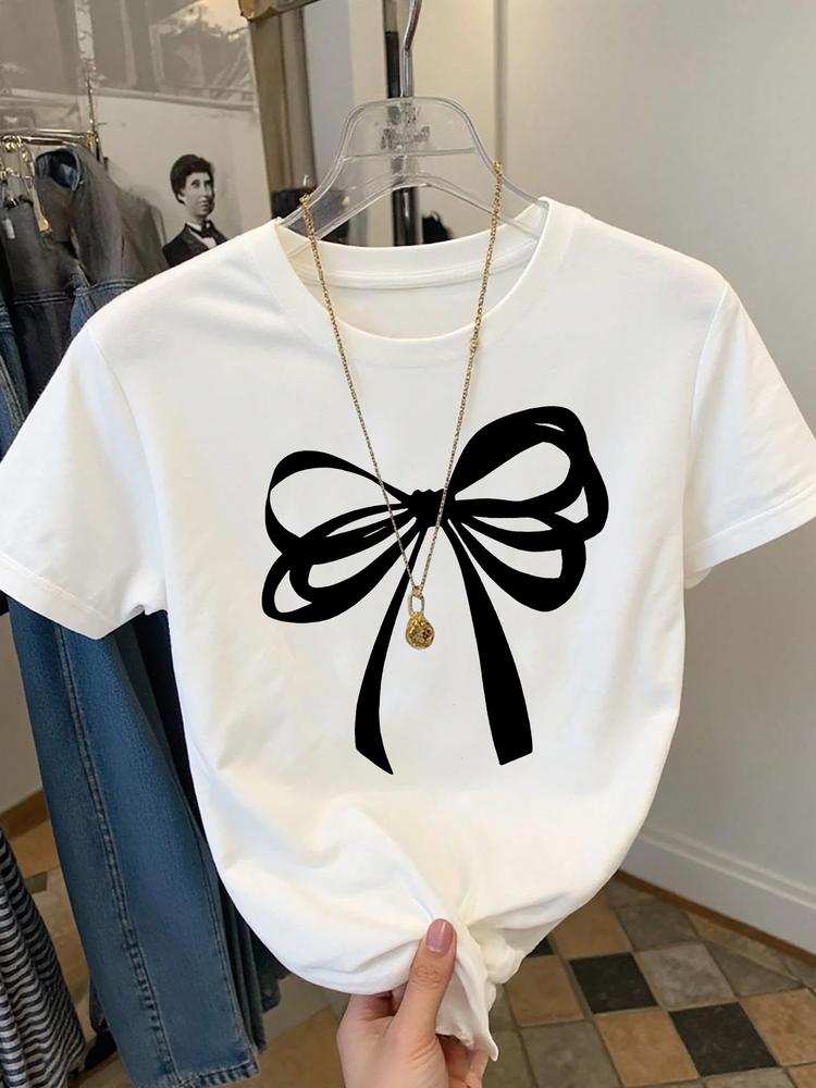 Girls Summer Fashion Bow Tie Print Short Sleeve T-Shirt, Casual Outdoor Wear, Comfortable Fit, Moderate Fabric, Perfect for Summer Activities, Cute bow tshirt