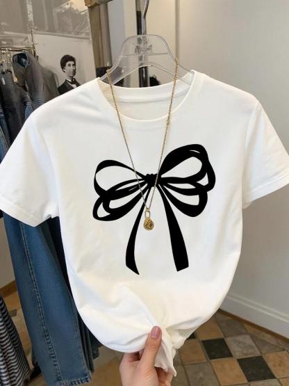 Girls Summer Fashion Bow Tie Print Short Sleeve T-Shirt, Casual Outdoor Wear, Comfortable Fit, Moderate Fabric, Perfect for Summer Activities, Cute bow tshirt