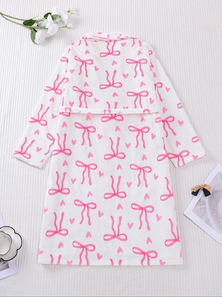 Women's Plush Flannel Robe, Butterfly Knot Print, Soft Comfortable Long Sleeve V Neck, Winter Fitted Home Wear, Holiday Party, Loungewear