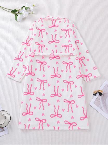 Women's Plush Flannel Robe, Butterfly Knot Print, Soft Comfortable Long Sleeve V Neck, Winter Fitted Home Wear, Holiday Party, Loungewear