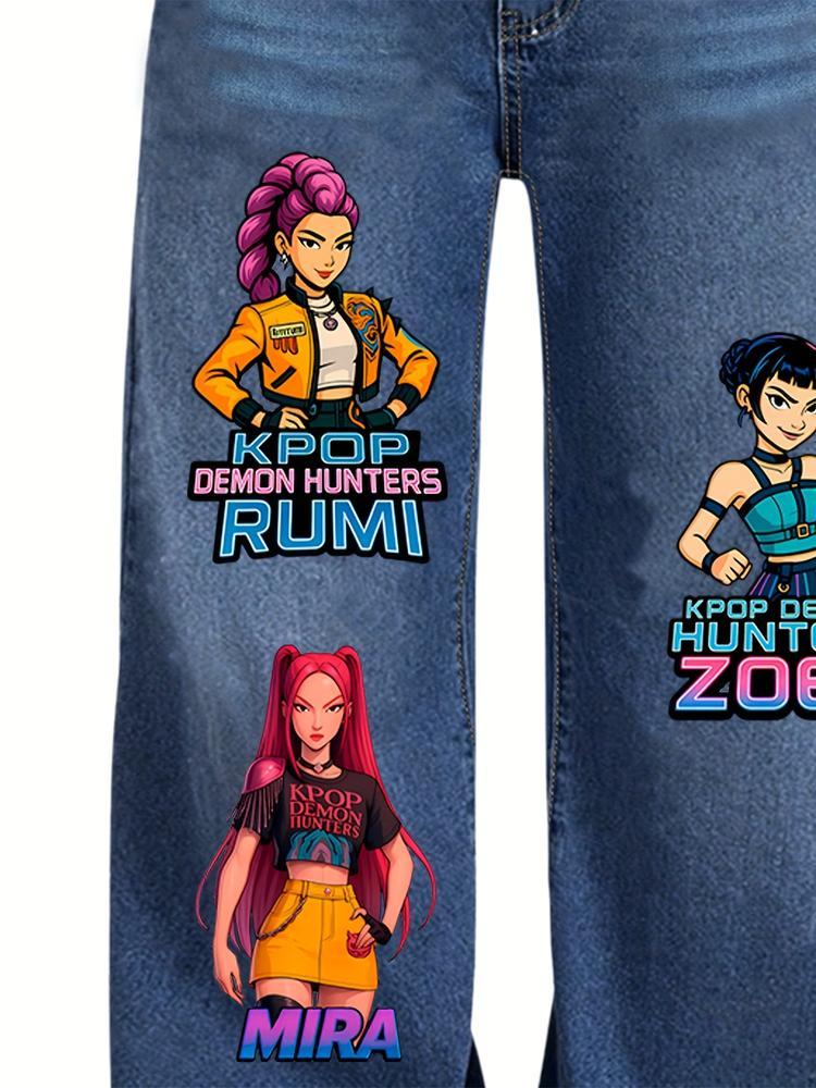 "hunters' Girl" Printed Denim Jeans for Girls, Cute Portrait Design, Trendy Streetwear for Ages 8-12, Perfect for Young Fashionistas