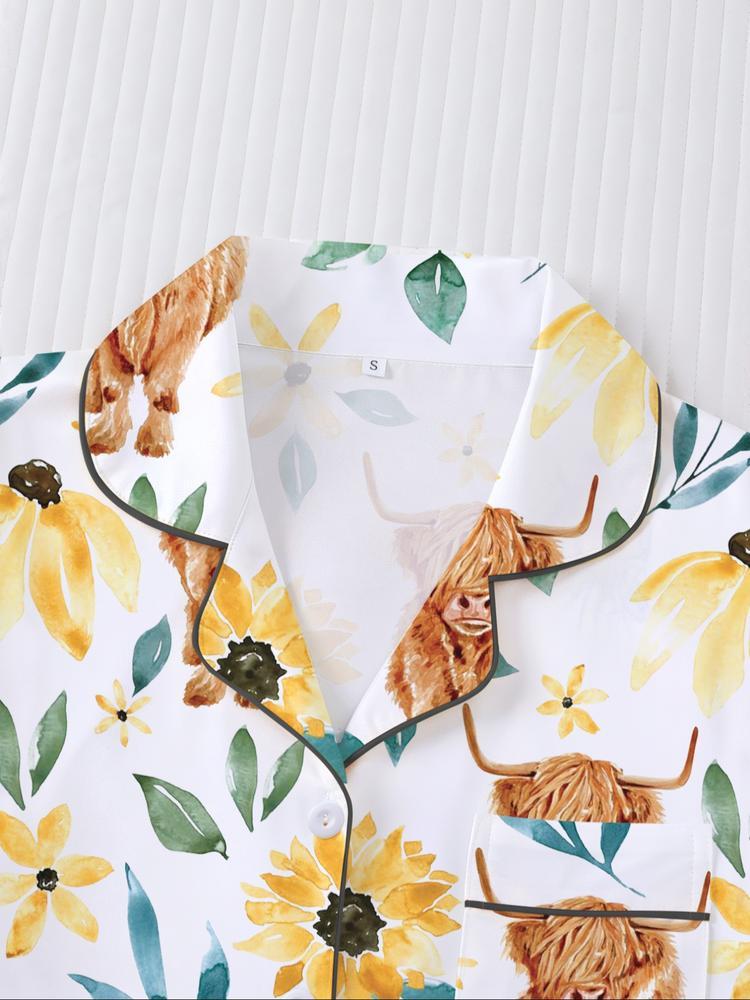 Women's Long Sleeve Sleepwear Set, Highland Cow & Sunflower Print, Soft Fabric, Elegant Casual, Comfortable Flap Collar Top