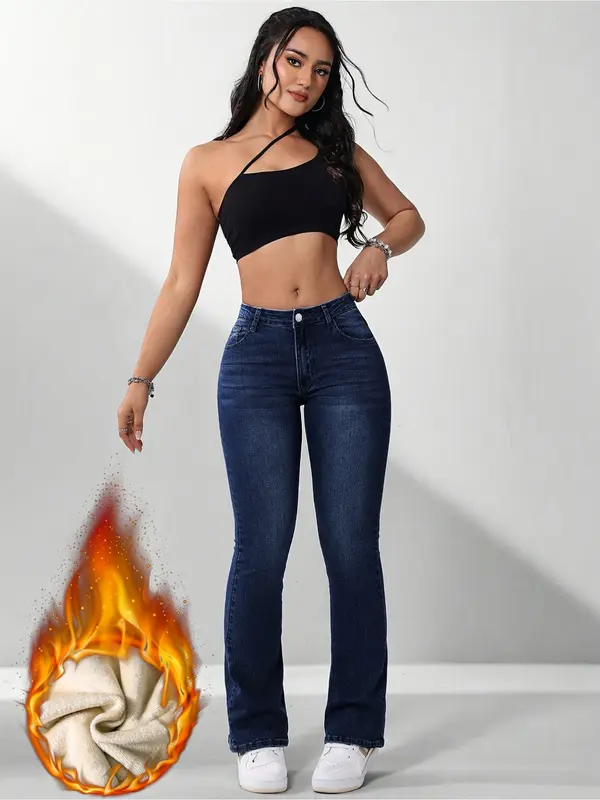 Women's Fall Winter Fleece Lined Thick Warm Comfortable High Waist Skinny Jeans, Elegant Style, All Seasons Wear