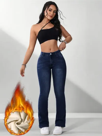 Women's Fall Winter Fleece Lined Thick Warm Comfortable High Waist Skinny Jeans, Elegant Style, All Seasons Wear