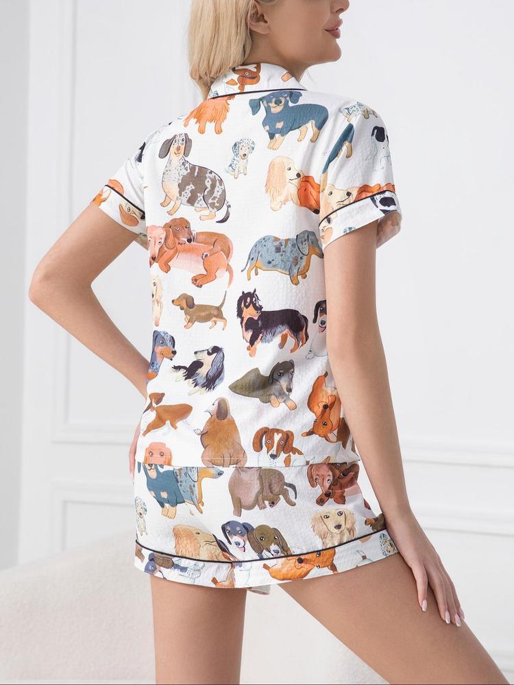 Two-Piece Set Women's Dog Print Lapel Neck Button Front Shirt & Elastic Waist Shorts Textured Pyjama, Casual Comfy Short Sleeve Pocket Top & Shorts PJ Set, Ladies Summer Sleepwear