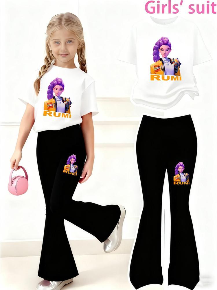 Girls' Casual Sportswear Set, Short Sleeve & Bell Bottoms, Comfortable Elastic Waist Pants, Spring Summer Outdoor Indoor Activities, Kids Girls Clothing