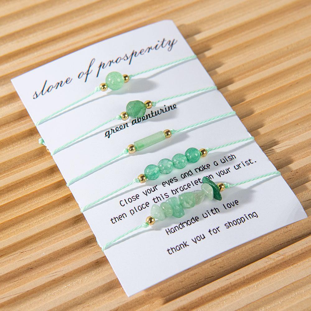 5 Pcs Green Dong ling Natural Adjustable Braided Bracelet, Jewelry Gift For Your Girlfriend On Valentine's Day, Includes Card Descriptions, Elegant Handcrafted Natural Stone Bead Crystal Bracelet Prosperity Handmade Wish