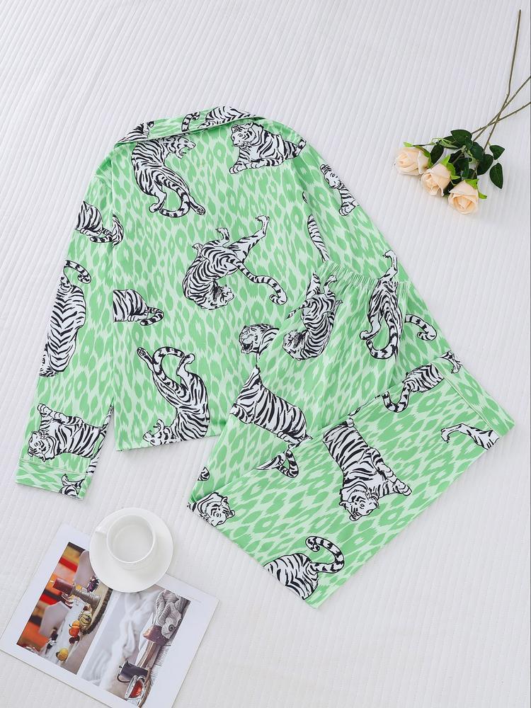Women's Tiger Print Pajama Set, Fall & Winter Casual Sleepwear, Comfortable Long Sleeve Button-Up Top and Elastic Pants, Home & Outdoor Wear