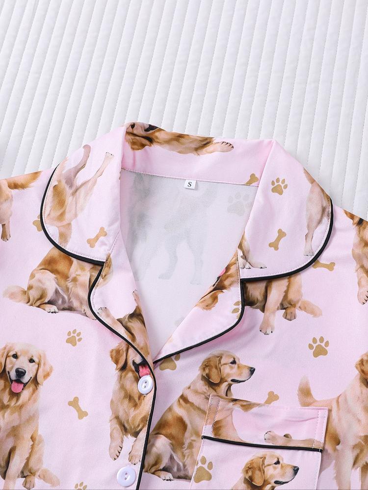 Women's Cute Dog Print Pajama Set, Long Sleeve Shirt Collar Top & Elastic Pants, Casual Fall Winter Sleepwear, Comfortable Home Wear