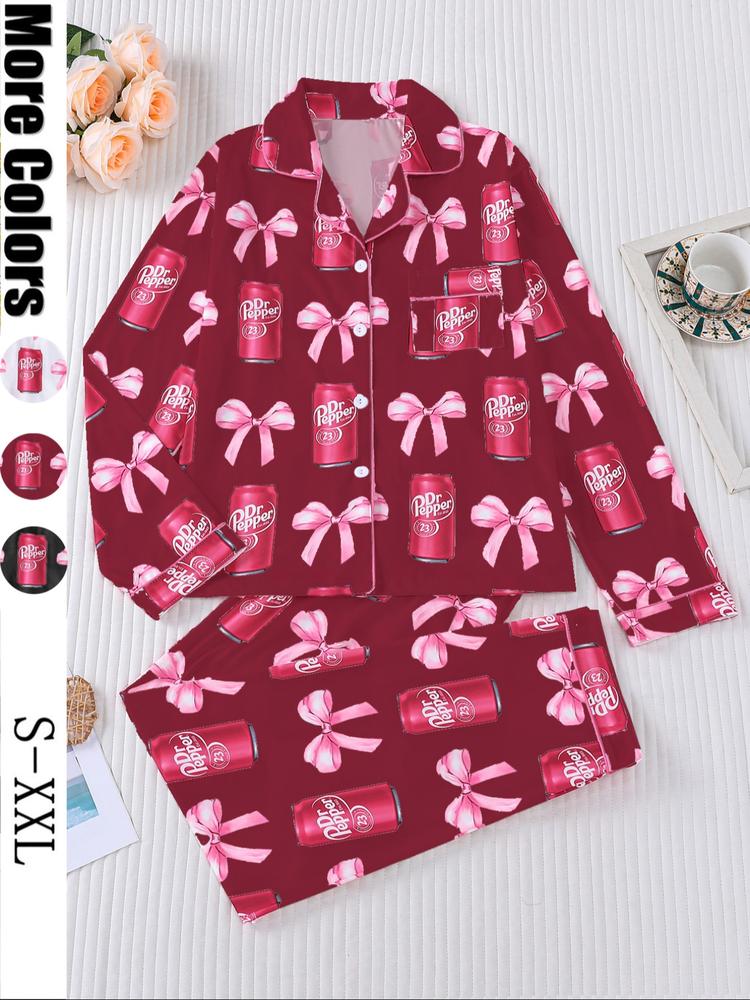 Women's 2-Piece Pajama Set, Long Sleeve Top & Elastic Pants, Casual Fall Winter Sleepwear, All over Print Design