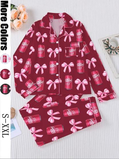 Women's 2-Piece Pajama Set, Long Sleeve Top & Elastic Pants, Casual Fall Winter Sleepwear, All over Print Design