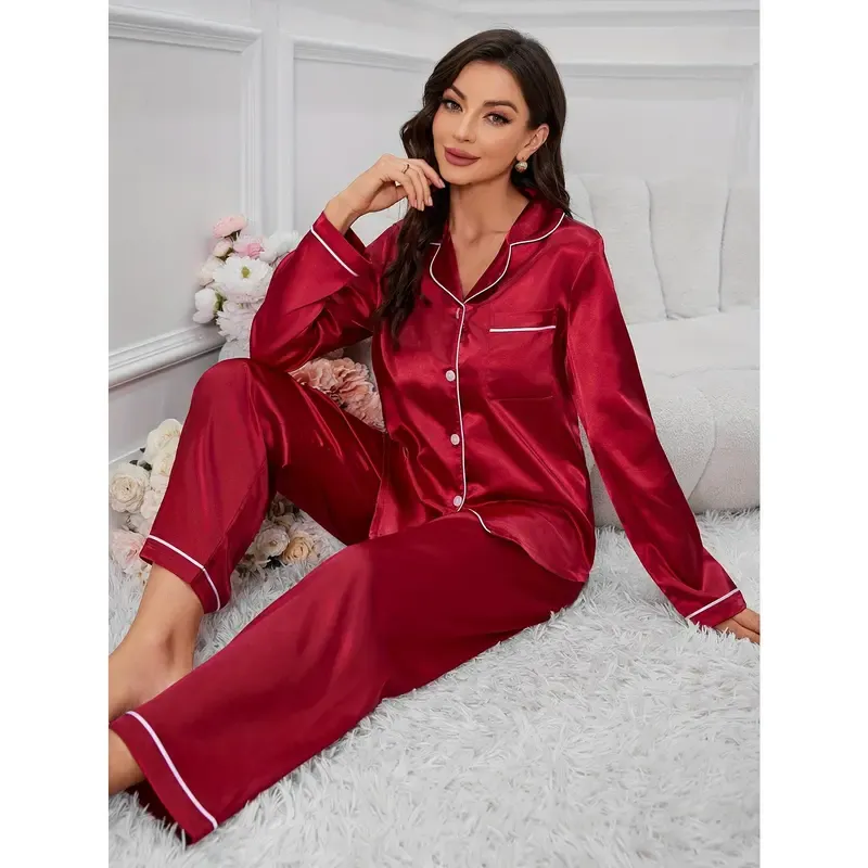 Women'S Red Satin Pajama Set - Long Sleeve, Button-Up, Casual Style, Perfect for Fall/Winter, Cozy Home Wear, Cozy Home Wear | Satin Finish | Satin Fabric