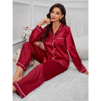 Women'S Red Satin Pajama Set - Long Sleeve, Button-Up, Casual Style, Perfect for Fall/Winter, Cozy Home Wear, Cozy Home Wear | Satin Finish | Satin Fabric