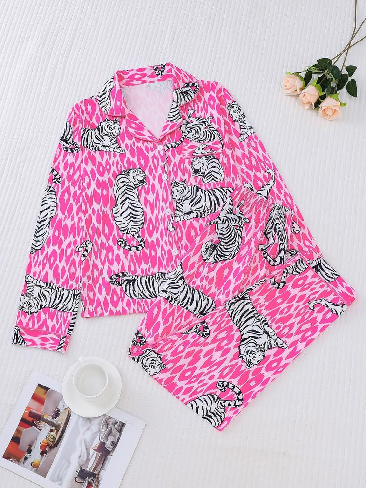 Women's Tiger Print Pajama Set, Fall & Winter Casual Sleepwear, Comfortable Long Sleeve Button-Up Top and Elastic Pants, Home & Outdoor Wear