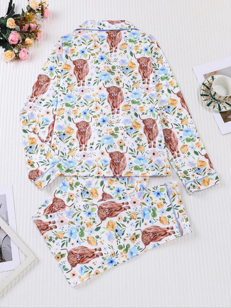 Women's 2-Piece Sleepwear Set, Highland Cow Print, Soft Shirt Collar Top & Elastic Pants, Casual Home Wear for Fall Winter
