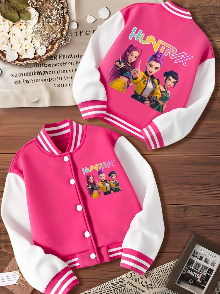KPOP-Huntress Girl Group  Girls Short Baseball Jacket with Cartoon Design, Fitted Activewear for Kids, Elastic Fabric for Fall & Winter, Trendy School Uniform for Halloween
