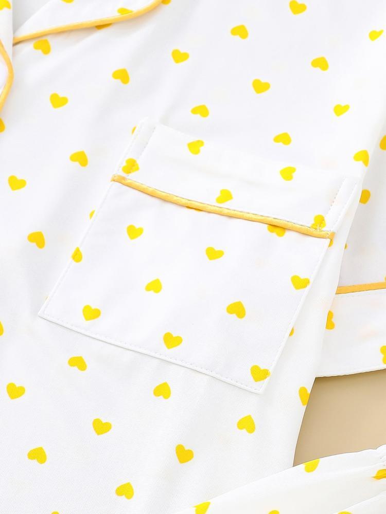 Women's Sleepwear Set, Heart Pattern, Elegant Casual, Comfortable Lapel Short Sleeve Top & Wide Leg Pants, Holiday Party Wear