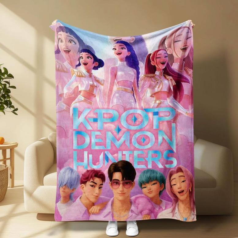 K-POP Demon Hunters Flannel Blanket With Dreamy Pink Stage Design, Soft And Lightweight, Cozy And Skin-friendly, Perfect For Bedroom, Sofa, Office, Travel, Or As A Gift For Fans, Anime Lovers, And Teens.