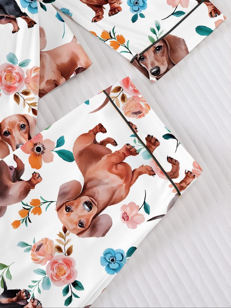 Women's Fall Winter Home Set, Cute Sausage Dog Print, Party Sleepwear, Buttoned Long Sleeve Top & Elastic Pants, Soft Stretch Fabric