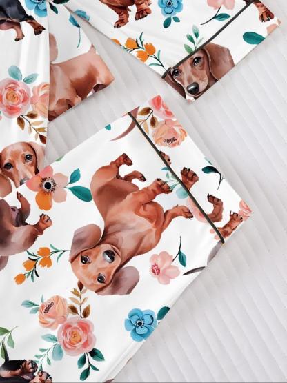 Women's Fall Winter Home Set, Cute Sausage Dog Print, Party Sleepwear, Buttoned Long Sleeve Top & Elastic Pants, Soft Stretch Fabric