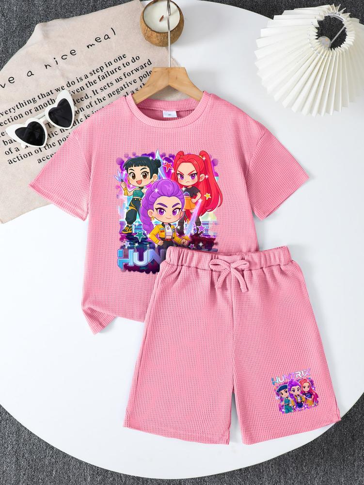 CrevNeck Teen Girls Outfit Purple Graphic Print Short Sleeve T-Shirt & Shorts Set for Spring Summer Fall Casual Wear