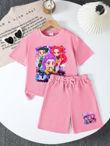 CrevNeck Teen Girls Outfit Purple Graphic Print Short Sleeve T-Shirt & Shorts Set for Spring Summer Fall Casual Wear