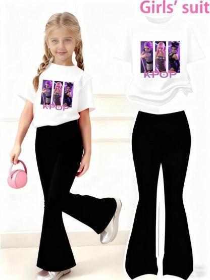 Girls' Kpop-Hunter Girl Print 2-Piece Set, Casual Sporty Short Sleeve Top and Bell Bottom Pants, Comfortable Elastic Waist, Spring Summer