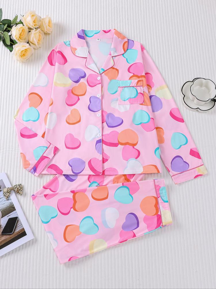 Women's Christmas Pajama Set, Heart Print Long Sleeve Shirt & Elastic Pants, Soft Knit Casual Loungewear Home Wear, Holiday Party Sleepwear
