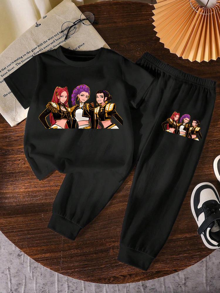 Girls' Kpop Print Short Sleeve T-Shirt & Pants Set, Casual Fashion for Spring & Fall, Comfortable Moderate Fabric, Fitted Style