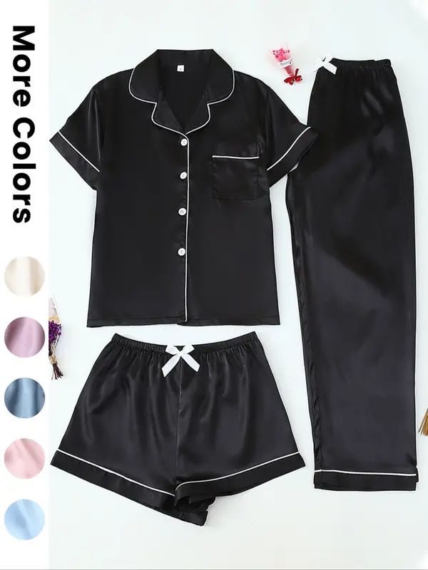 Women's Satin Sleepwear Set, 3-Piece Pajama with Button Front Top & Bow Shorts, Casual Home Wear for Women